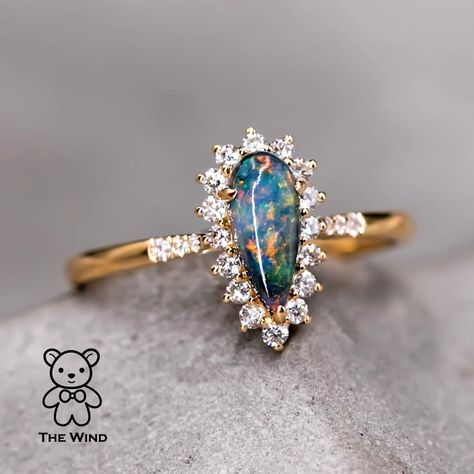 Australian Black Opal & Halo Diamond Engagement Ring 18K Yellow Gold Black Opal Gold Ring, Dark Opal Engagement Ring, Real Opal Ring, Natural Opal Engagement Ring, Opal Cluster Ring, Black Opal Rings, Diamond And Opal Engagement Ring, Black Opal Wedding Ring, Opal Diamond Engagement Ring