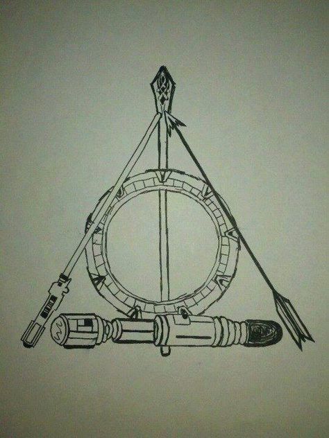 Geeky Deathly Hallows symbol: Gandolf's staff from LotR for the Elder Wand/ Stargate for the Resurrection Stone/ Lightsaber from Star Wars, Arrow from Hunger Games and Sonic Screwdriver from Dr. Who for the Invisibility Clock Tattoo Harry Potter, Fandom Tattoos, Deathly Hallows Symbol, Trendy Games, Nerd Tattoo, Elder Wand, Gaming Tattoo, Star Wars Tattoo, The Hunger Games