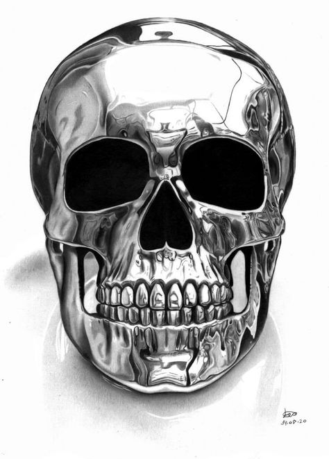 Chrome Tattoo Designs, Charcoal Artwork, Skeleton Artwork, Metal Drawing, Skull Sketch, Buddhist Art Drawing, Scary Tattoos, Skull Art Drawing, Typography Artwork