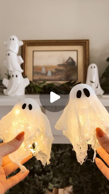 Rachel Iwanyszyn 🌙 | Sharing my favorite yearly Halloween DIY: these adorable cheesecloth ghosts! So easy to make 👻 you’ll need: scissors, white cheesecloth,... | Instagram Styrofoam Ball Crafts Halloween, Halloween Ghost Diy, Creepy Fabric Halloween Decorations, How To Cover Styrofoam Balls With Fabric, How To Make A Crystal Ball Halloween, Dollar Tree Ghost Ornament, Rachel Iwanyszyn, Velvet Sheets, Styrofoam Ball Crafts