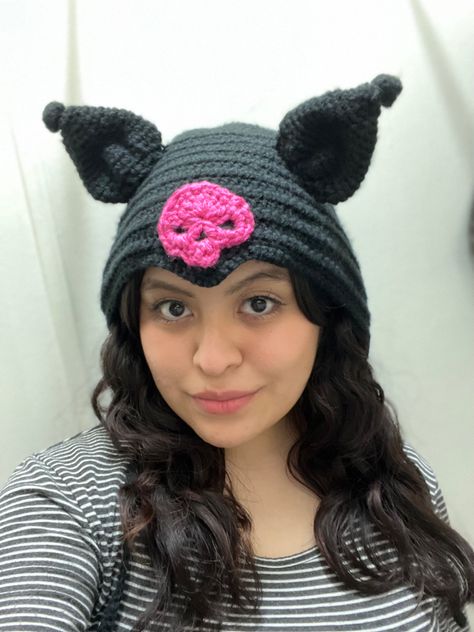 Kuromi Hat Crochet Pattern, Skull Crochet Hat, Crochet Kuromi Hat, Kuromi Crochet Hat, Croshet Hat, Pastel Kuromi, Skull Granny Square, Alt Crochet, Crochet Bonnet