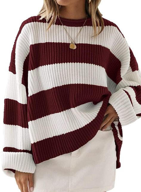 ZESICA Women's 2023 Fall Long Sleeve Crew Neck Striped Color Block Comfy Loose Oversized Knitted Pullover Sweater,Green,X-Large at Amazon Women’s Clothing store Contrast Design, Plus Size Pullover, Oversize Pullover, Pullover Mode, Elegant Sweater, Estilo Chic, Burgundy Sweater, Oversized Pullover, Casual Stripes