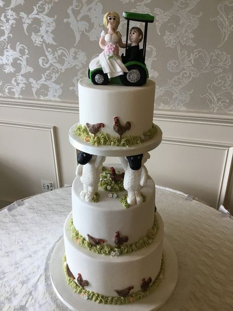 Sheep farm themed wedding cake | by nicholagibson74 Farm Style Wedding Cake, Farm Themed Wedding Ideas, Farmer Wedding Cake, Grooms Cake Tractor, Farm Themed Wedding, Sheep Wedding Cake, Chicken Wedding Cake Topper, Cow Wedding Cake Topper, Farm Style Wedding