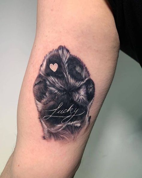 Realism Dog Paw Tattoo, Dog Paw Print With Name Tattoo, Dogs Paw Tattoo Ideas, Dog Saved Me Tattoo, Paw Print Leg Tattoo, Dog And Plant Tattoo, Pug Paw Tattoo, Paw Print Dog Tattoo, Dog Rip Tattoo