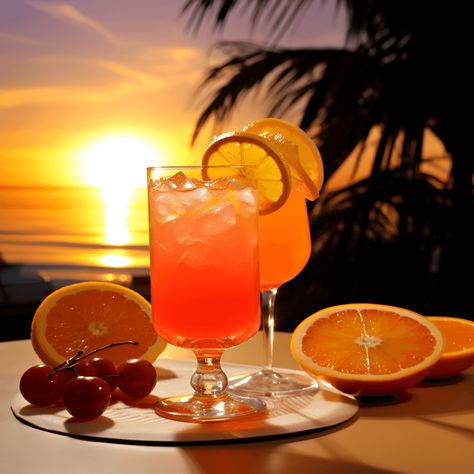 Sunset Cocktail Recipe - The Sunset cocktail has a delightful blend of sweet, sour, and fruity flavors. It is a refreshing and light drink with a hint of tanginess from the citrus fruits. The combination of orange, pineapple, and grenadine gives it a tropical and exotic taste that is perfect for warm summer evenings. Sunset Cocktail Recipe, Drinks Wallpaper, Planters Punch, Creative Drinks, Harvey Wallbanger, Sunset Cocktail, Sunset Drink, Light Drinks, Hey Bartender