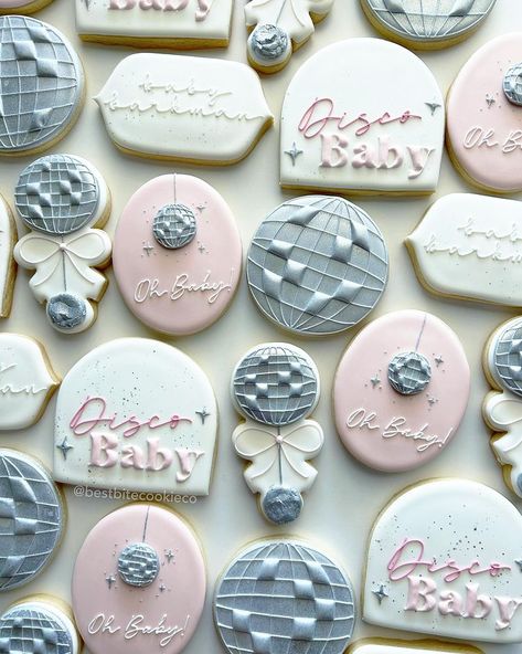 It’s time to party, it’s a disco baby! 🪩 • • • • #discobaby #discobabyshower #discobabycookies #babyshowercookies #sugarcookiesofinstagram … | Instagram Disco Macarons, Disco Birthday Cookies, Disco Ball Baby Shower Ideas, Disco Baby Shower Theme, Disco Baby Shower Ideas, Disco Ball Cookies, Disco Cookies, January Baby Shower, Shower Vibes