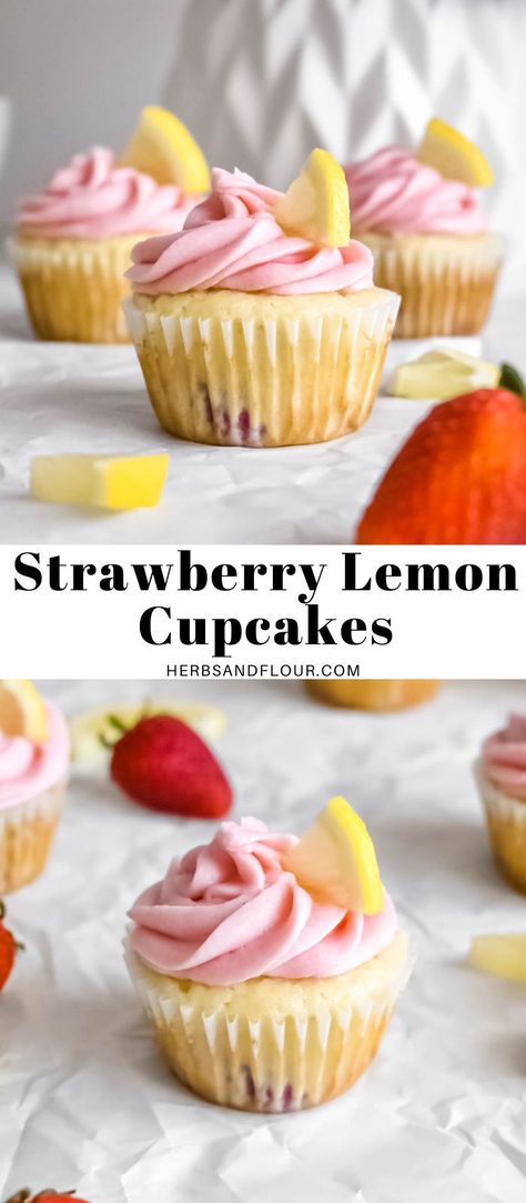 Strawberry Cupcakes With Lemon Frosting, Lemon Birthday Cupcakes, Lemon And Strawberry Cupcakes, Strawberry Lemon Cupcakes Easy, Lemon Berry Cupcakes, Strawberry Lemon Desserts Easy, Fruity Birthday Desserts, Strawberry And Lemon Desserts, Lemon Strawberry Cupcakes