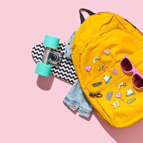 Yellow Blue Aesthetic, The Simpsons Maggie, Flat Lay Photography Fashion, Mustard Bag, Product Photography Styling, Backpack Photography, Maggie Simpson, Creative Photography Techniques, Kids' Bag