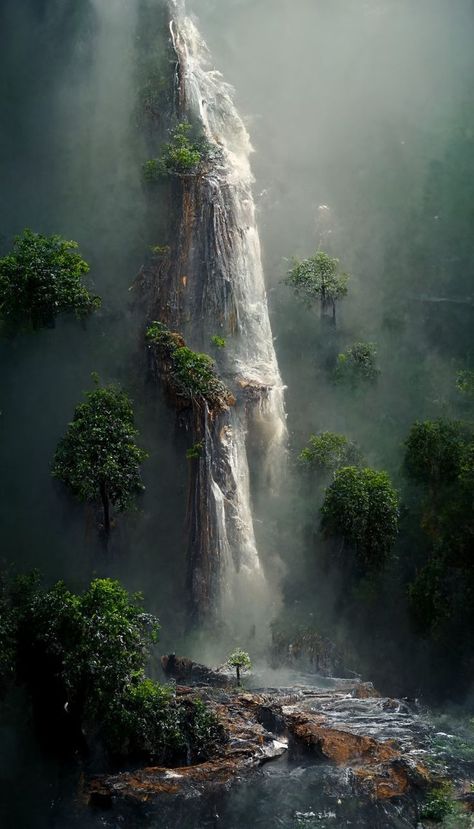 Dense Forest Photography, Dense Forest Aesthetic, Forest Fog Aesthetic, Foggy Waterfall, Waterfall Fantasy Art, Beautiful Waterfalls Photography, Waterfalls Scenery, Fantasy Waterfall, Waterfall In Forest