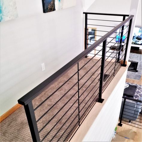 Matte Black Horizontal Rail for Interior Stairs - Great Lakes Metal Fabrication Diy Metal Railing, Loft Railing Ideas Balconies, Black Indoor Railing, Aluminum Stair Railing Indoor, Black Metal Indoor Stair Railing, Indoor Black Metal Railing, Black Metal Loft Railing, Indoor Stair Railing Ideas, Vertical Black Metal Stair Railing