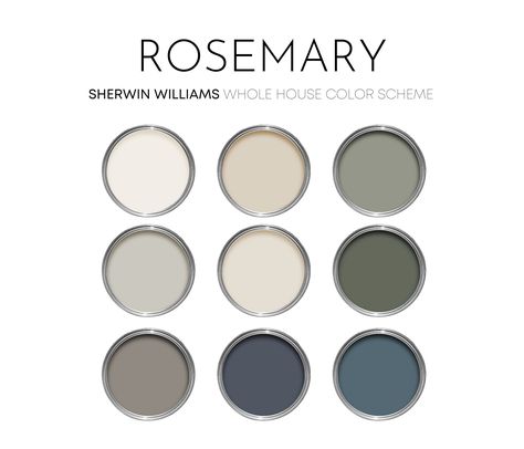 This listing is for a Rosemary paint palette, created with Sherwin Williams paint colors and featuring many best-selling colors. I have carefully selected a range of 9 colors for this palette, and included options for walls, trim, furniture, cabinets and doors.  Sherwin Williams has hundreds of paint colors, each with their own unique undertones. This can make choosing the right paint colors hard. The colors in this collection were carefully selected to coordinate with each other - this makes ch Rosemary Sherwin Williams, Paint Combos, Neutral Interior Paint Colors, Moody Interior Design, Colors For Home, Color Palette Interior Design, Sherwin Williams Paint, Moody Interiors, House Color Palettes