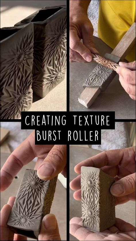 Applying the Burst roller from MKM Pottery Tools onto an extruded form in preparation for small bud vases In production. #mkmpotterytools #rollingtexture #rollers #texture #décoration #stamping #peopleofpottery #potteryvideos | Bill Schwenzer | Eric B. & Rakim · Don't Sweat The Technique Pottery Clay Extruder Ideas, Extruded Clay Pottery Ideas, Extruder Pottery Ideas, Extruded Pottery, Small Bud Vases, Stamped Clay, Pottery Tips, Clay Tips, Clay Extruder