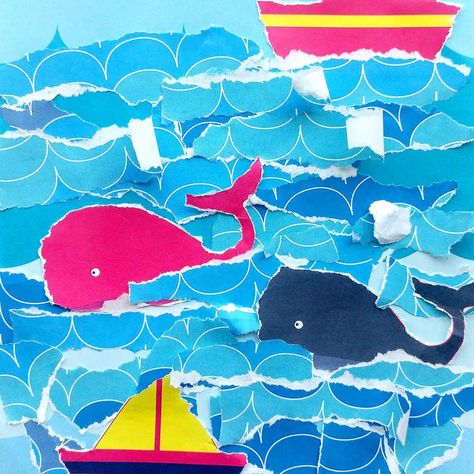 Close up of boat whale and ocean collage Craft Activities For Toddlers, Boat Crafts, Leaf Collage, Creative School Project Ideas, Kids Camp, Classroom Art Projects, Paper Collage Art, Boat Art, Beautiful Collage