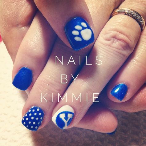 BYU nails for the game last week. Oh yeah... We won! Byu Football Nails, Byu Nails, Pedi Designs, Paw Print Nails, Byu Football, Football Nails, Byu Cougars, Brigham Young, Easy Nails