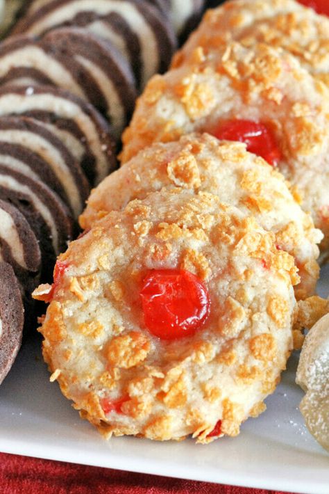 Pillsbury's Old Fashioned Cornflake Cherry Winks - Jam Hands Cherry Winks Cookies Holidays, Cherry Winks Cookies, Cherry Winks Cookie Recipe, Cherry Winks, Snowball Cookie, Christmas Snowball, Cornflake Cookies, Chewy Molasses Cookies, Snowball Cookie Recipe