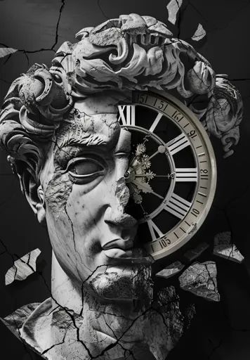 ↑↑↑ Larger size on website 🔸 The image shows a broken statue of a man's face with a clock face embedded in the side of it. The st 🔸 From Midjourney AI Image Broken Statue Face, Greek Statue Face, Half Skeleton Face, Statue Tattoos, Dark Art Nouveau, Broken Clock, Tattoo Perna, Statue Head, Skeleton Face