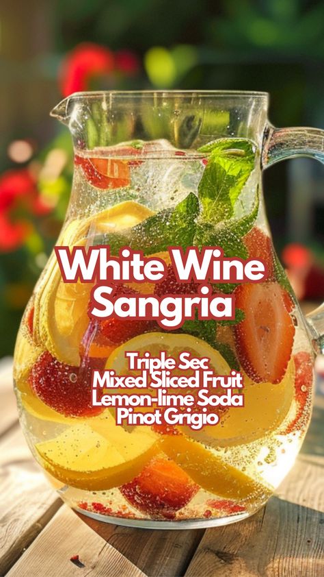 Summer calls for a refreshing drink and this White Wine Sangria hits the spot every time. With crisp Pinot Grigio, a splash of Triple Sec, and a mix of fresh fruits like strawberries, peaches, and citrus, it’s a favorite for cooling down and relaxing. The lemon-lime soda adds the perfect fizz, enhancing the natural sweetness of the fruits. #whitewinesangria via @mybartender White Sangria Fall, Pino Grigio Sangria, Sangria With White Wine, White Wine Punch Recipes, Pinot Grigio Cocktail, White Wine Sangria Recipe Summer, White Sangria Recipe Easy Summer, Easy White Sangria Recipes, Fruity Sangria Recipes