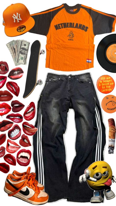 Orange Orange Y2k Outfit, Orange And Black Outfit, Orange Y2k, Orange Streetwear, 90’s Outfits, Orange Fits, Orange Outfit, Practice Outfits, Street Fashion Men Streetwear