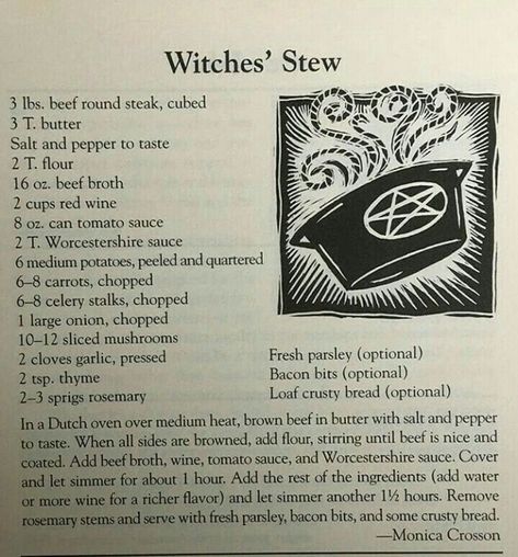 Witches Stew Kitchen & Hearth Witchery  Bos Samhain Recipes, Witchy Recipes, Incense Recipes, Beef Round Steak, Wicca Recipes, Witch Recipes, Eclectic Witchcraft, Kitchen Witch Recipes, Kitchen Witchery