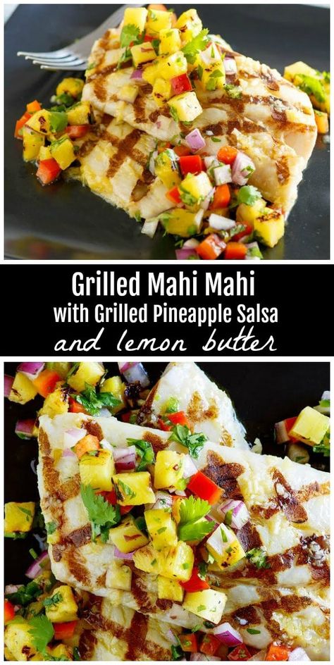 Grilled Mahi Mahi with Grilled Pineapple Salsa and Lemon Butter recipe from RecipeGirl.com #mahimahi #grilling #pineapple #salsa #recipe #RecipeGirl Salsa Recept, Grilled Pineapple Salsa, Grilled Mahi Mahi, Mahi Mahi Recipes, Pineapple Salsa Recipe, Grilled Fish Recipes, Pineapple Salsa, Grilled Pineapple, Fettuccine Alfredo