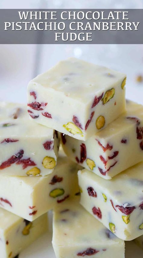 White Chocolate Pistachio & Cranberry Fudge comes together in minutes and is pretty and festive enough to give as a gift. Not too sweet, just creamy and delicious with a little crunch from the pistachio's and slightly tart from the cranberries. #holidayfudge #christmasfudge #whitechocolatefudge #pistachiocranberry Cranberry Pistachio Fudge, Pistachio Fudge, White Chocolate Fudge Recipes, Cranberry Fudge, Best Food Gifts, Keto Fudge, Chocolate Pistachio, White Chocolate Fudge, Cranberry Pistachio