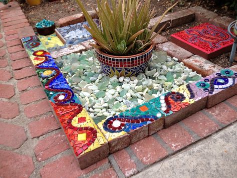 Mosaic brick border Mosaic Tile Walkway, Mosaic Walkways Pathways Diy, Mosaic Tile Stepping Stones, Walking Path Ideas, Garden Mosaic Projects, Mosaic Pavers, Mosaic Pathway, Diy Mosaic Garden, Mosaic Walkway