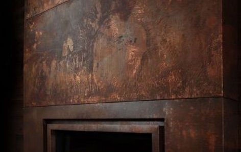 Aged Copper Sheets by Copper in Design | Archello Rustic Metal Fireplace, Copper Mantle Fireplace Mantels, Copper Fireplace Surround, Copper Fireplace, Boulder House, Ski House Decor, Metal Fireplace, Facade Cladding, Aged Copper