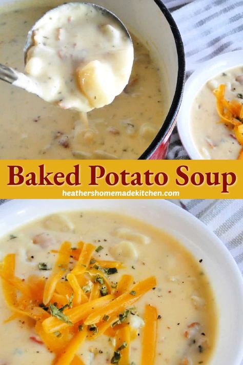 This Baked Potato Soup is thick, creamy and incredibly comforting. Loaded with all your favorite baked potato toppings and super simple to make all in one pot, this soup is perfect for weeknight dinners. Potato Soup Vegetarian, Potatoes Soup, Soup Potato, Baked Potato Soup Recipe, Best Potato Soup, Soup Vegetarian, Potatoes Baked, Crockpot Soup, Potato Soup Crock Pot