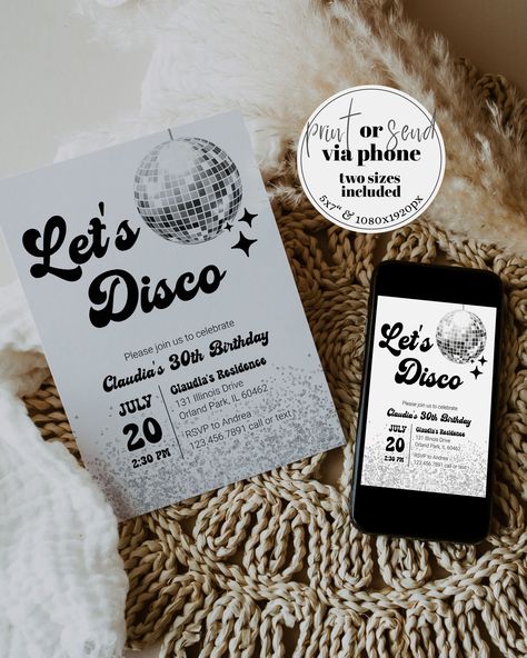 Disco Themed 60th Birthday Party, 70s Party Favors For Adults, 40th Party Themes, 30th Birthday Disco Theme, 30th Disco Party, Birthday Party Disco Theme, 70s Party Invitations, 70s Disco Birthday Party, Disco Theme Party Decorations