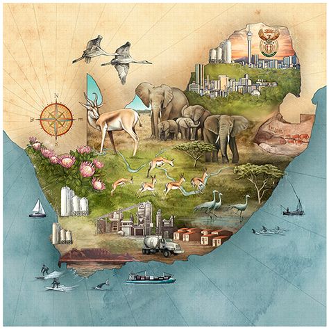 PPC Calendar by MUTI. - South Africa Jupiter Drawing, South Africa Quotes, Africa Drawing, South Africa Map, South Africa Photography, Illustrated Calendar, Wooden Garden Gate, Bull Elephant, Birthday Illustration