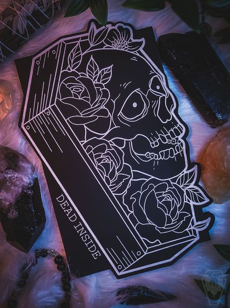 Goth Decor Diy, Wood Coffin, Buisness Cards, Gothic Wall Art, Lino Art, Old School Tattoo Designs, Dark Artwork, Goth Home Decor, Goth Decor