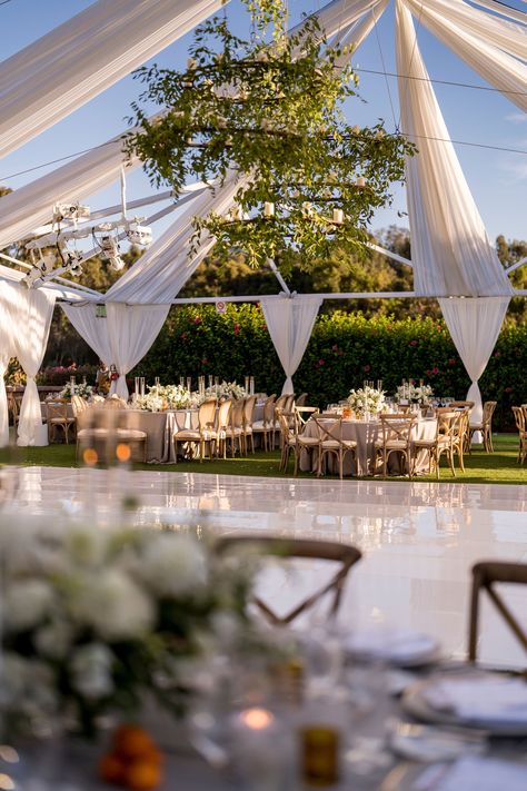 Rancho Valencia is the perfect setting for a warm, outdoor September wedding. Nisie’s Enchanted created a magical setting full beautiful florals and greenery with vibrant bursts of orange – a nod to the local orange groves. The reception was held outdoors on the Croquet Lawn, where the tables were adorned with gorgeous floral arrangements and crystal bowls filled with oranges. Our beautifully draped open-air tent was accented with lush greenery and beautiful lighting by Amber Event Production. Glamorous Tent Wedding, Outdoor Wedding Tent Decor, Outdoor September Wedding, Croquet Lawn, Destination Wedding Weekend, Open Air Wedding, Lawn Wedding, Orange Groves, Awning Lights