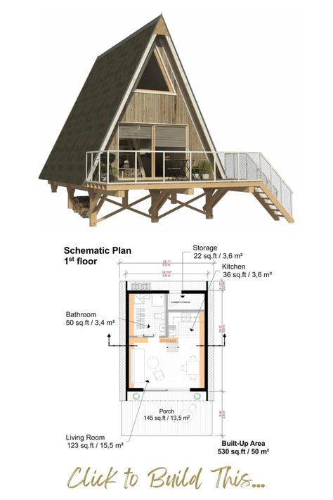 A perfect tiny A-frame cabin with sleeping loft. Costs only $28,800 to build this perfect vacation home. Click to get all the building details including floor plan and more. Diy A Frame Cabin Floor Plans, Cabin With Loft Floor Plans, A Frame Cabin Floor Plans, Deck Floor Plan, Cottage Bunkie, A Frame Floor Plans, Cabin With Loft, Diy A Frame Cabin, Tiny A Frame Cabin