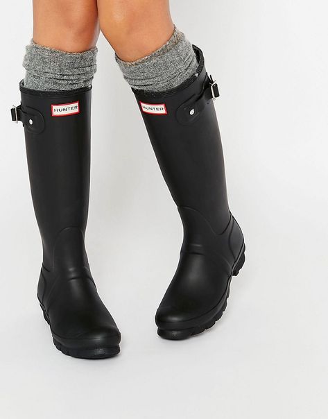 Image 1 of Hunter Original Tall Black Adjustable Wellington Boots Child Of Aphrodite, Black Wellies, Middle Aged Women Fashion, Gum Boots, Mk Boots, Green Hunter Boots, Welly Socks, Boots Socks, Black Rain Boots