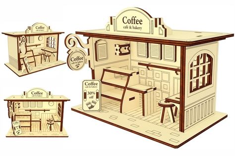 Dollhouse Cafe, Small Dollhouse, Miniature Cafe, Cozy Coffee Shop, Laser Cut Wood Crafts, Laser Cut Design, Cozy Coffee, Laser Ideas, Unique Decoration