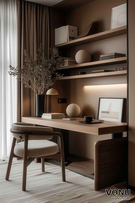 Modern Minimalist Home Office with Warm Tones Working Area In Living Room, Home Office Design Minimalist, His And Her Home Office Ideas, Office Room Two Desks, Home Office Contemporary, At Home Office Inspiration, Home Office Minimalist Workspace, Home Study Inspiration, In Bedroom Office