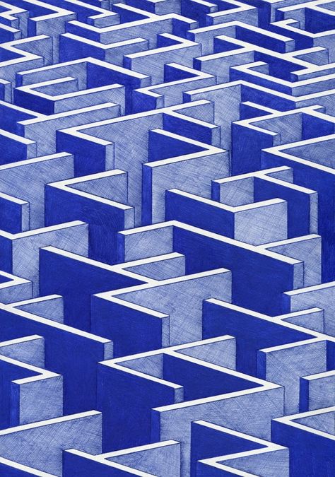 Labyrinth from blue ink by Kevin Lucbert Kevin Lucbert, Illustration Design Graphique, Labyrinth Design, Maze Design, Isometric Drawing, Isometric Art, Art Et Illustration, Arte Popular, Art And Illustration