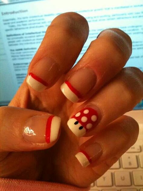 Super mushroom nails Mario Nails, Mushroom Nails, Kids Nail Designs, Cute Nail Polish, Mushroom Cottage, Gel Press On Nails, Retro Nails, Nail Tutorial, Nails Today