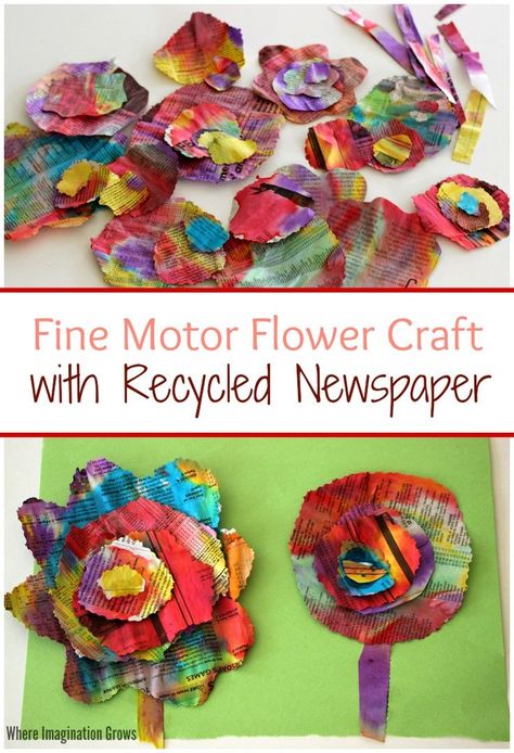 Recycled newspaper flower craft for kids! A colorful fine motor craft for preschoolers using recycled materials! Newspaper Flowers, Recycling For Kids, Craft For Preschoolers, Recycled Newspaper, Recycle Newspaper, Recycled Crafts Kids, Journal D'art, Recycled Art Projects, Newspaper Art