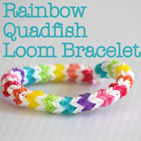 Rainbow Quadfish Loom Bracelet - love the colour sin this one! Includes link to tutorial #kids #rainbowloom #loom #rainbow #bracelet Loom Bands Easy, Rainbow Loom Easy, Rainbow Braces, Easy Bracelet Patterns, Rainbow Loom Fishtail, Wonder Loom, Loom Bands Tutorial, Loom Band Patterns, Rainbow Loom Bracelets Easy