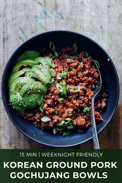 Get your Korean fix with Gochujang Pork Bowls -- the exciting, satisfying, 15-minute meal! #gochujangporkbowls #groundpork #mincepork #gochujang #koreanrecipes #gochujangpork #dinnerrecipes #easydinnerrecipes #ricebowl #koreanrice bowl #koreanrecipe Korean Spicy Pork Bowls, Korean Ground Pork, Pork Rice Bowls, Gochujang Pork, Pork Bowls, Gochujang Recipe, Easy Korean Recipes, Bowl Meals, Pork Marinade