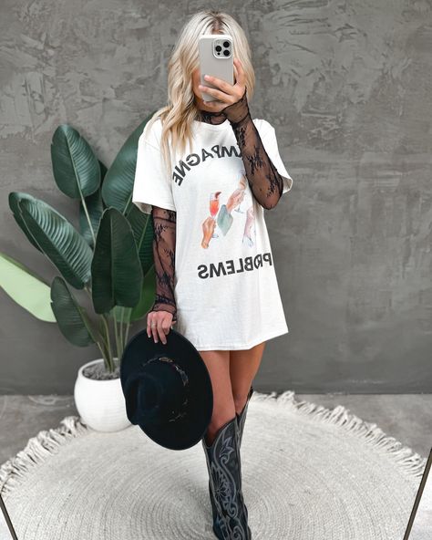 #taptoshop #summerfashion #boutique Graphic Tee As A Dress, Dallas Bar Outfits, Dress Up An Oversized Tshirt, Hipster Going Out Outfit, Oversized Tee Cowboy Boots, Jessi Murph Concert Outfits, Oversized Tee And Tights, Edgy Winery Outfit, February Nashville Outfits