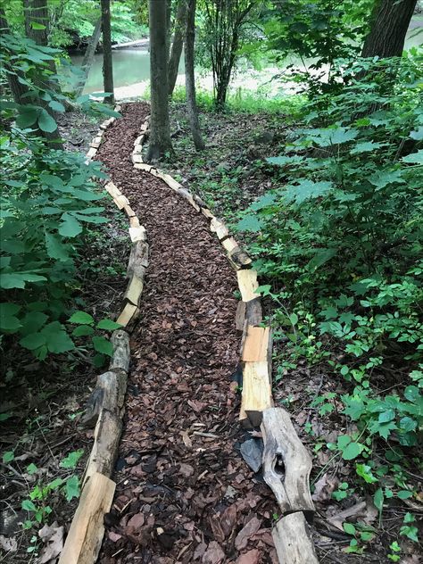 Log Lined Path, Wood Chip Garden Ideas, Logs In Landscaping, Woodchip Pathways, Woodchips Garden Ideas, Wood Chip Path, Woods Backyard Ideas, Diy Walking Path, Log Pathway