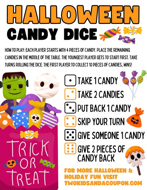 "Get ready to roll with some spooky season fun with our free Printable Halloween Dice Game for kids and adults. Print our free Halloween game guide and get out your favorite Halloween candy treat for a fun game of swapping candy with lots of laughs. Each player rolls a dice and either takes candy or gives it back depending on the roll. Get ready to swap sweet treats for fun. Here is how to play with your family and friends!" Halloween Dice Game, Free Halloween Games, Kids Fathers Day Crafts, Free Printable Halloween, Diy Halloween Games, Valentine's Day Crafts For Kids, Thanksgiving Crafts For Kids, Valentine Crafts For Kids, Christmas Card Crafts