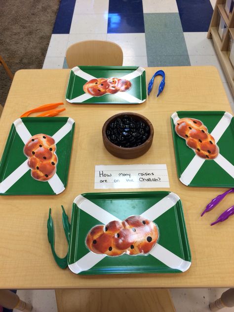 Shabbat math! How many raisins on the challah with tongs for fine motor skills! Shabbat Activities For Preschool, Yom Kippur Crafts Preschool, Shabbat Preschool, Shabbat Activities, Yom Kippur Crafts, Yom Kippur Activities, Toddler Bible Study, Shabbat Crafts, Rosh Hashana Crafts