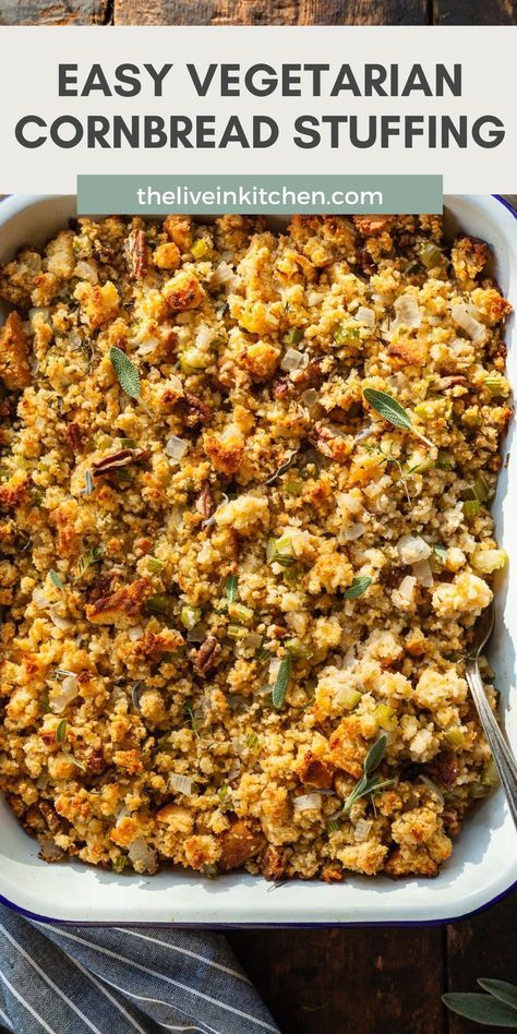 This vegetarian cornbread stuffing is the best side dish to have at Thanksgiving! Easy to make vegan and gluten-free, this savory recipe will easily become one of your favorites. Thanksgiving Stuffing Recipes Vegetarian, Vegetarian Cornbread Stuffing, Vegetarian Dressing Stuffing, Thanksgiving Vegan Side Dishes, Vegetarian Thanksgiving Stuffing, Thanksgiving Vegetarian Sides, Thanksgiving For Vegetarians, Vegetarian Thanksgiving Dishes, Vegetarian Christmas Dinner Main Dishes