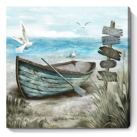 PRICES MAY VARY. ➤【CALMING SEASHORE AESTHETIC】 This serene beach themed wall picture captures sea birds resting on the rowboat. Behind the boat is blue ocean with the soaring seagulls. The nautical palette of blues, sand beige, tan, and fluffy white clouds provide a soothing feel. Hang this coastal wall art up for a calming vibe, and escape to the beach each day after work in the comfort of your home. ➤【LIGHTWEIGHT AND EASY TO HANG】This beachy decor wall picture is lightweight and easy to hang i Boat On Beach, Decor Marin, Farmhouse Artwork, Boat Artwork, Nautical Painting, Coastal Artwork, Seascape Canvas, Beach Artwork, Wall Art Coastal