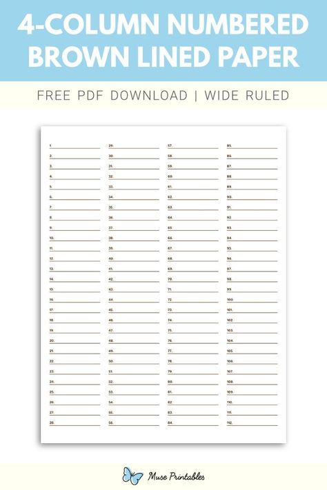 Printable 4 column numbered brown lined paper wide ruled paper template. Download this at https://museprintables.com/download/paper/4-column-numbered-brown-lined-paper-wide-ruled/ Ruled Paper, Brown Line, Graph Paper, Letter Paper, Template Download, Planner Organization, Paper Template, Lined Paper, Printable Paper