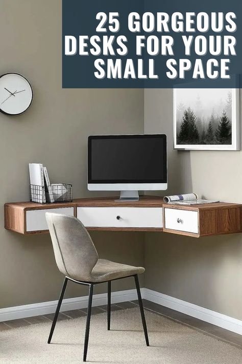 The ideal desk solutions for your small space: corner desks, folding wall desks, floating desks, and extendable writing desks, each designed to optimize space utilization. The desks come with various features including USB ports, storage compartments, and innovative designs that allow them to transform or be mounted on walls, catering to diverse needs and preferences in compact living spaces. Save Space Desk, Space Saving Desks, Tiny Home Office In Bedroom, Wall Desks, Floating Desks, Murphy Desk, Corner Desks, Desk Nook, Tiny Home Office