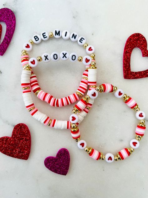 Be Mine, Valentine! Order your set today! ❤️ Clay Beads Valentines, Valentines Bracelets Ideas, Cute Valentines Bracelets, Valentine’s Day Clay Bracelets, Valentine Clay Bracelets, Valentine’s Bracelets, Valentine Day Bracelets, Valentine’s Day Friendship Bracelet, Valentine’s Day Clay Bead Bracelet Ideas